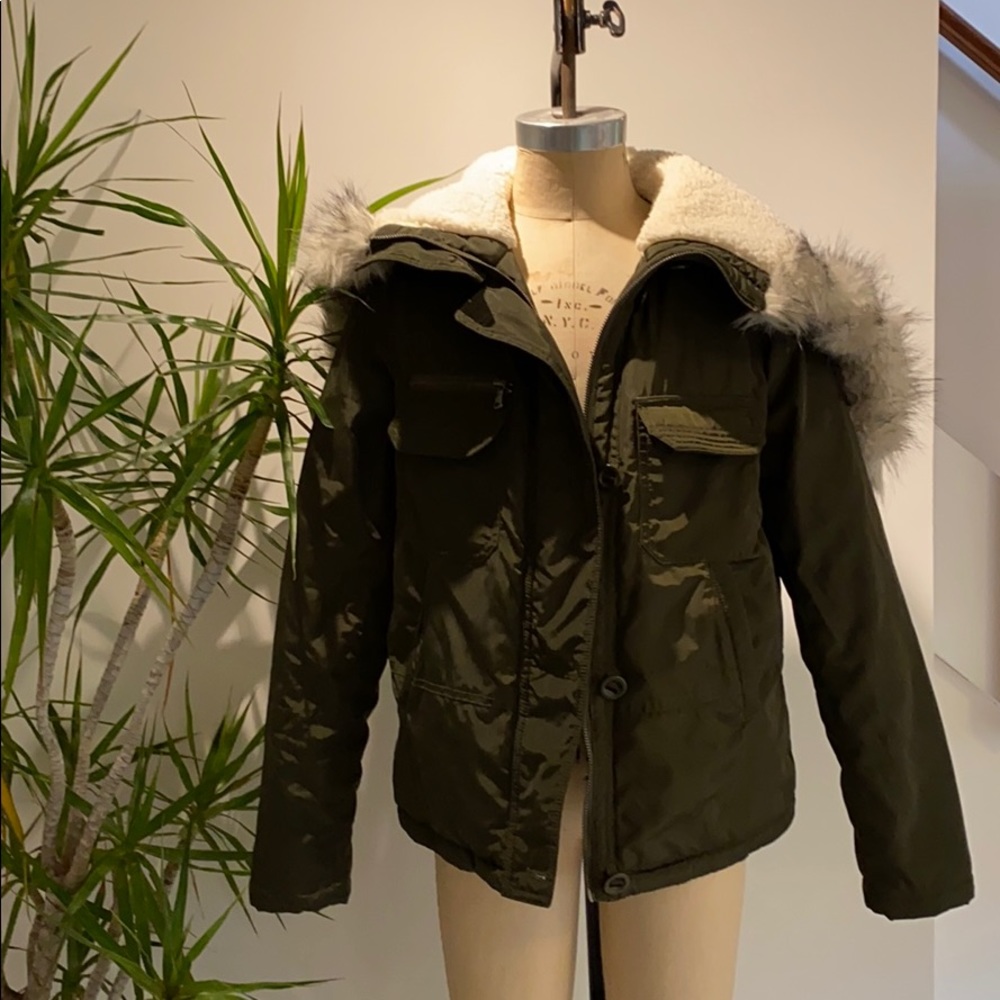 Army green jacket with Sherpa hood